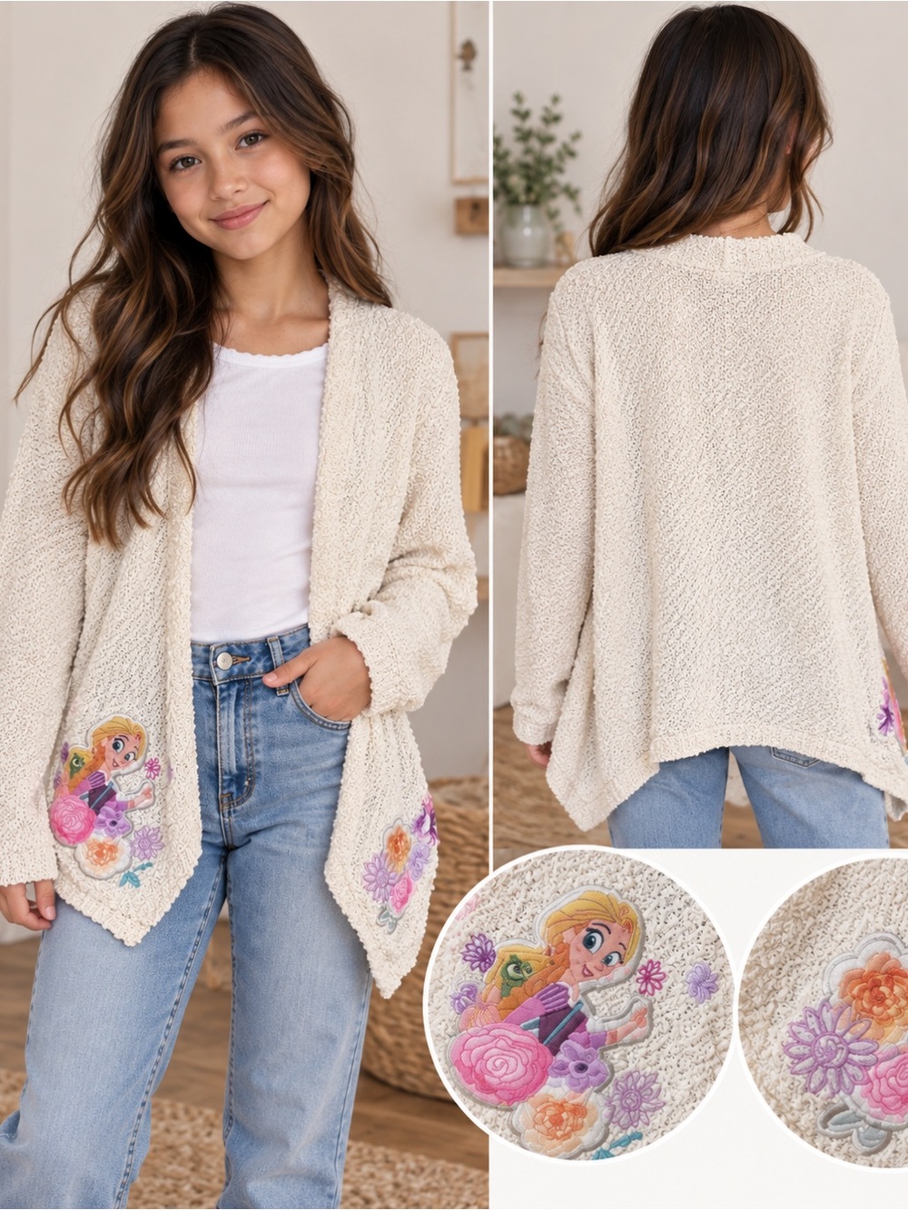 Disney Open Cream cardigan Size 11/12 Girls Embroidered Disney Tangled Rapunzel